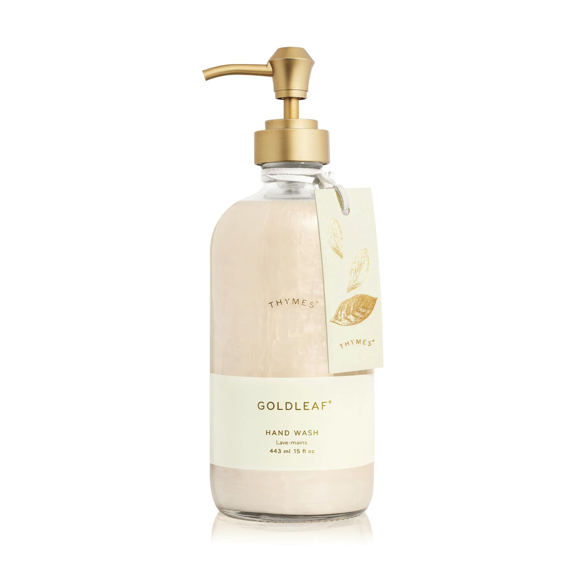 Thymes Goldleaf front bottle showing elegant glass and floral scent benefit