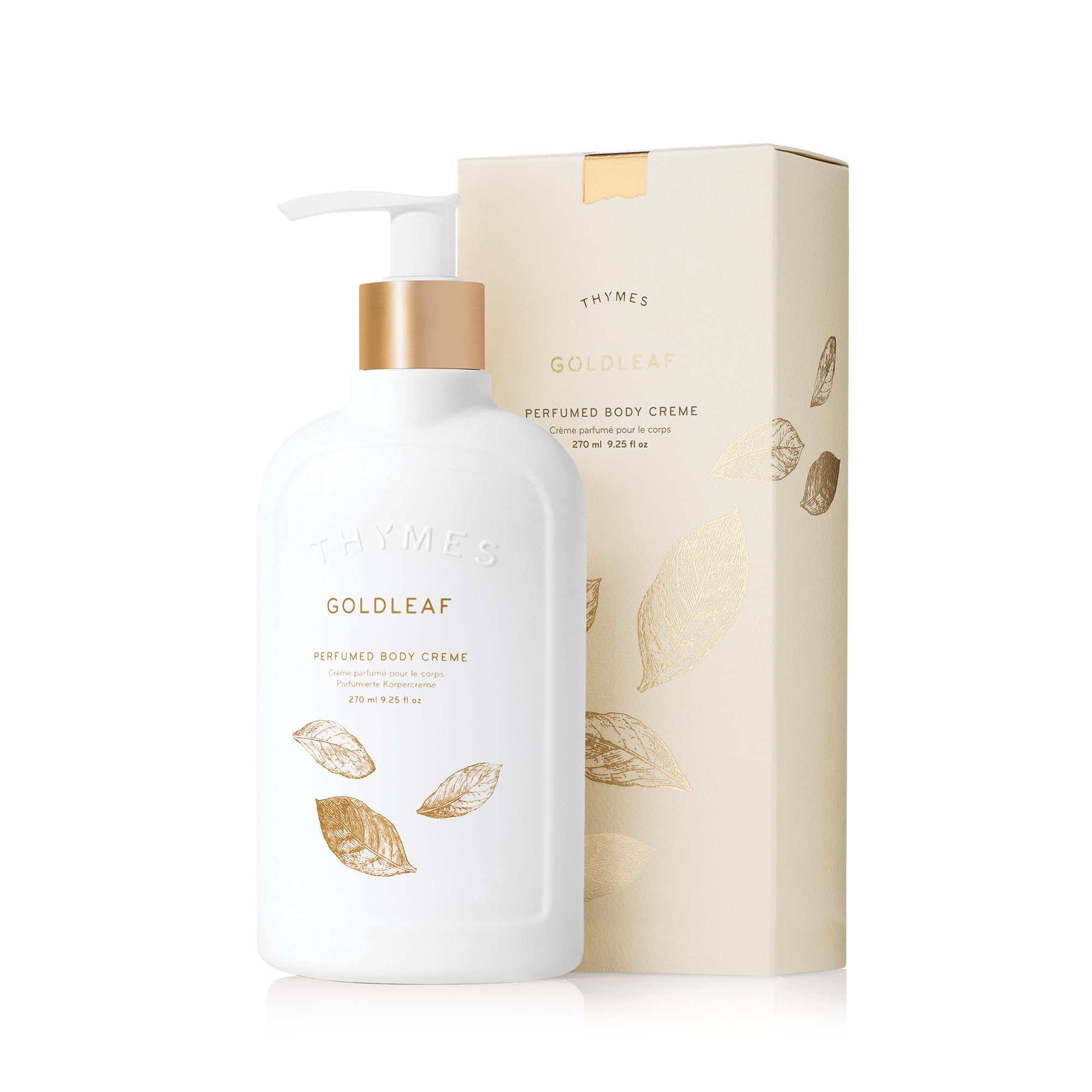 Thymes Goldleaf front jar showing packaging and elegant label, communicates luxury