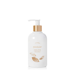 Thymes Goldleaf hand lotion front pump shows elegant packaging and easy dispensing benefit