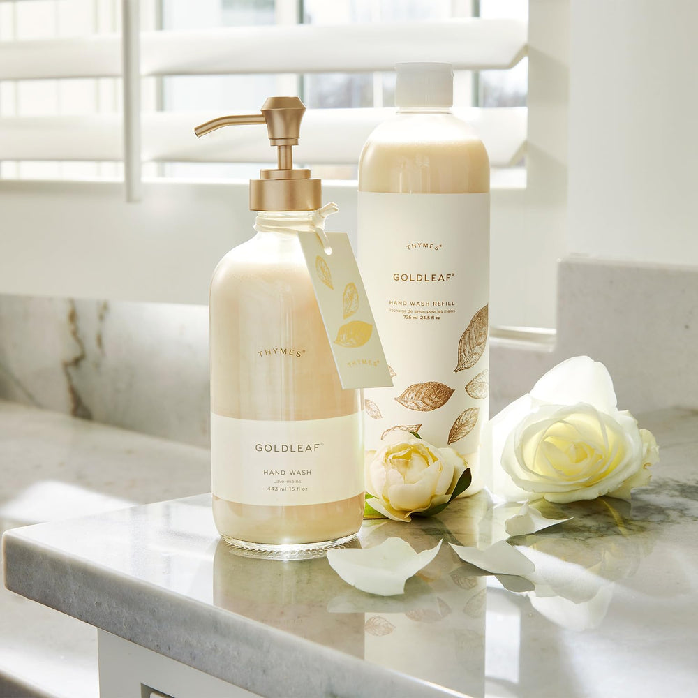 Thymes Goldleaf pump detail highlighting easy dispensing and tidy use