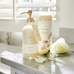 Thymes Goldleaf pump detail highlighting easy dispensing and tidy use