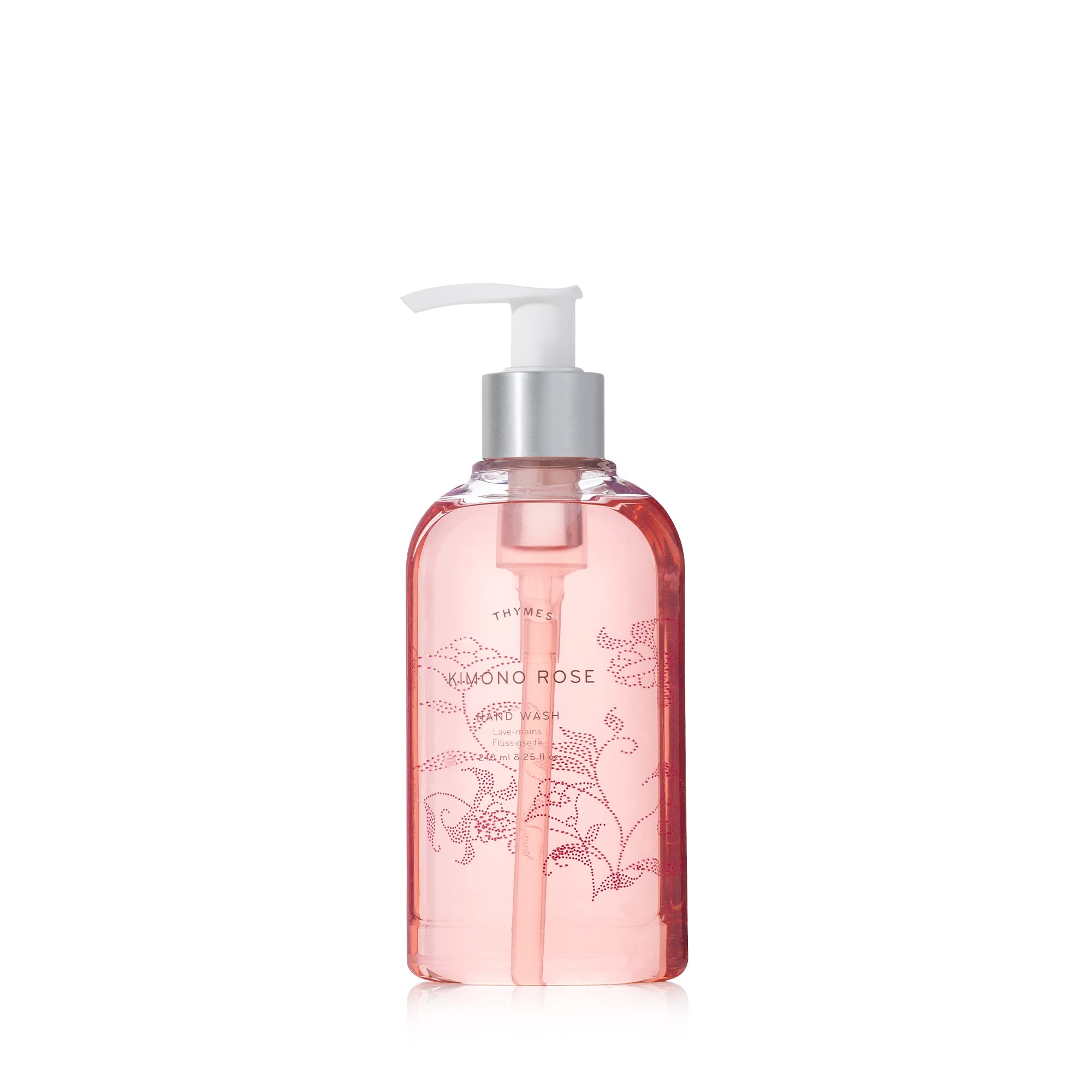 Thymes Kimono Rose front packaging showing elegant bottle and pump, conveys luxury
