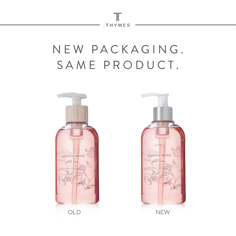 Thymes Kimono Rose pump dispensing soap into hand, demonstrates easy use