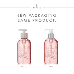 Thymes Kimono Rose pump dispensing soap into hand, demonstrates easy use