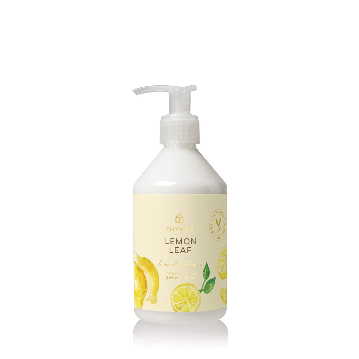 Thymes Lemon Leaf front bottle shows label and citrus-green scent benefits