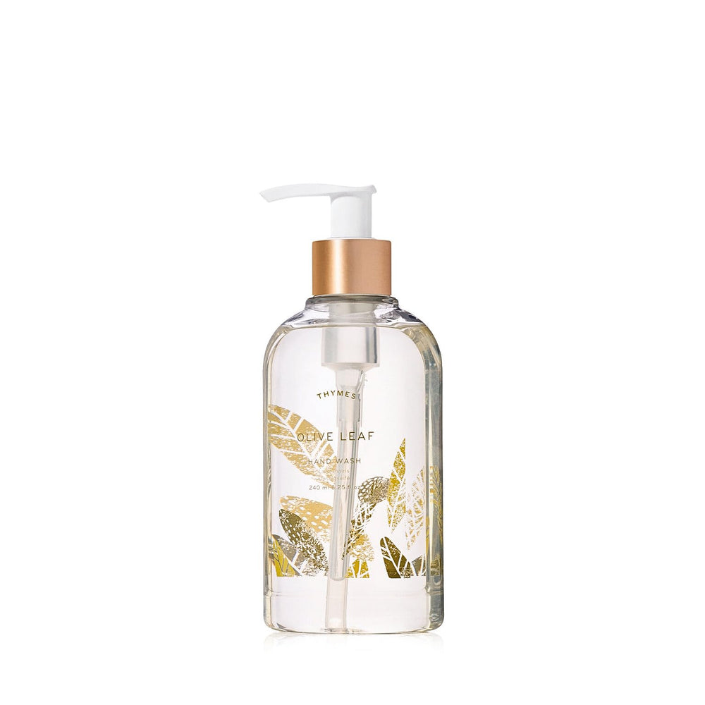 Thymes Olive Leaf front bottle showing elegant packaging and easy pump