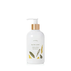 Thymes Olive Leaf bottle front view shows label and gift-ready design, hydrating benefit