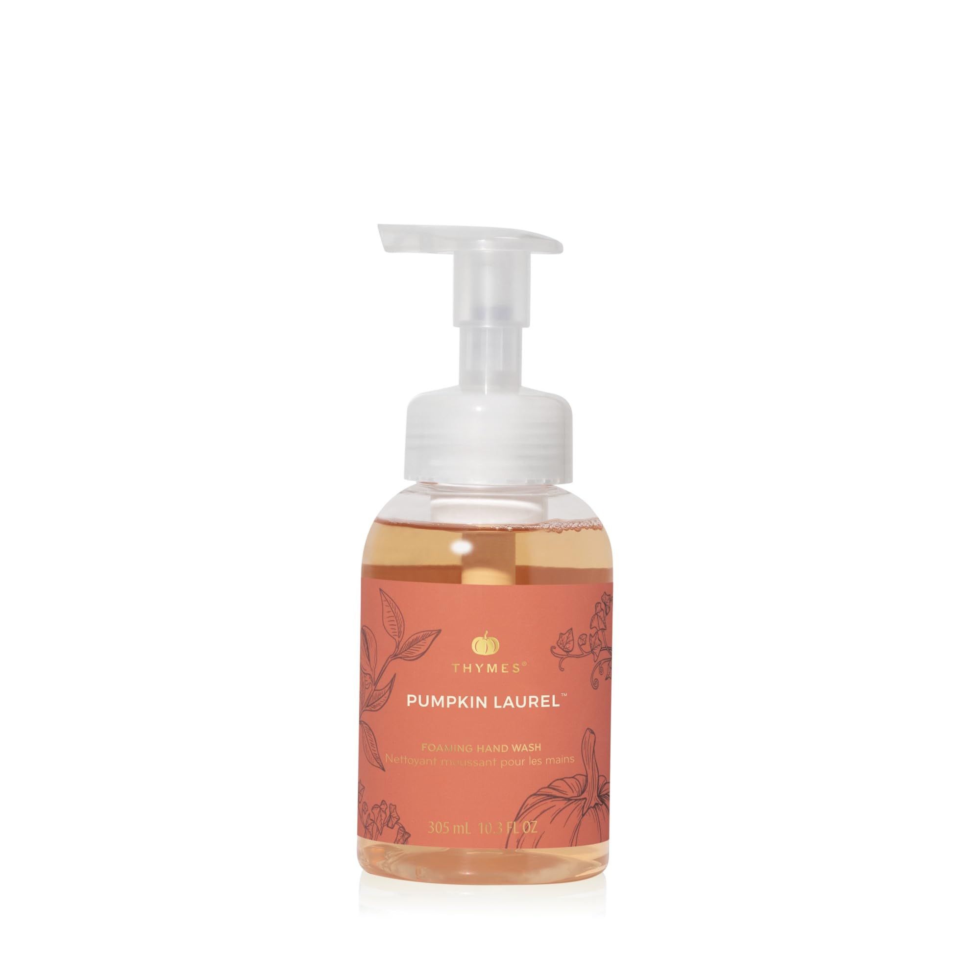 Thymes front bottle view showing autumn scent and elegant pump for countertop appeal
