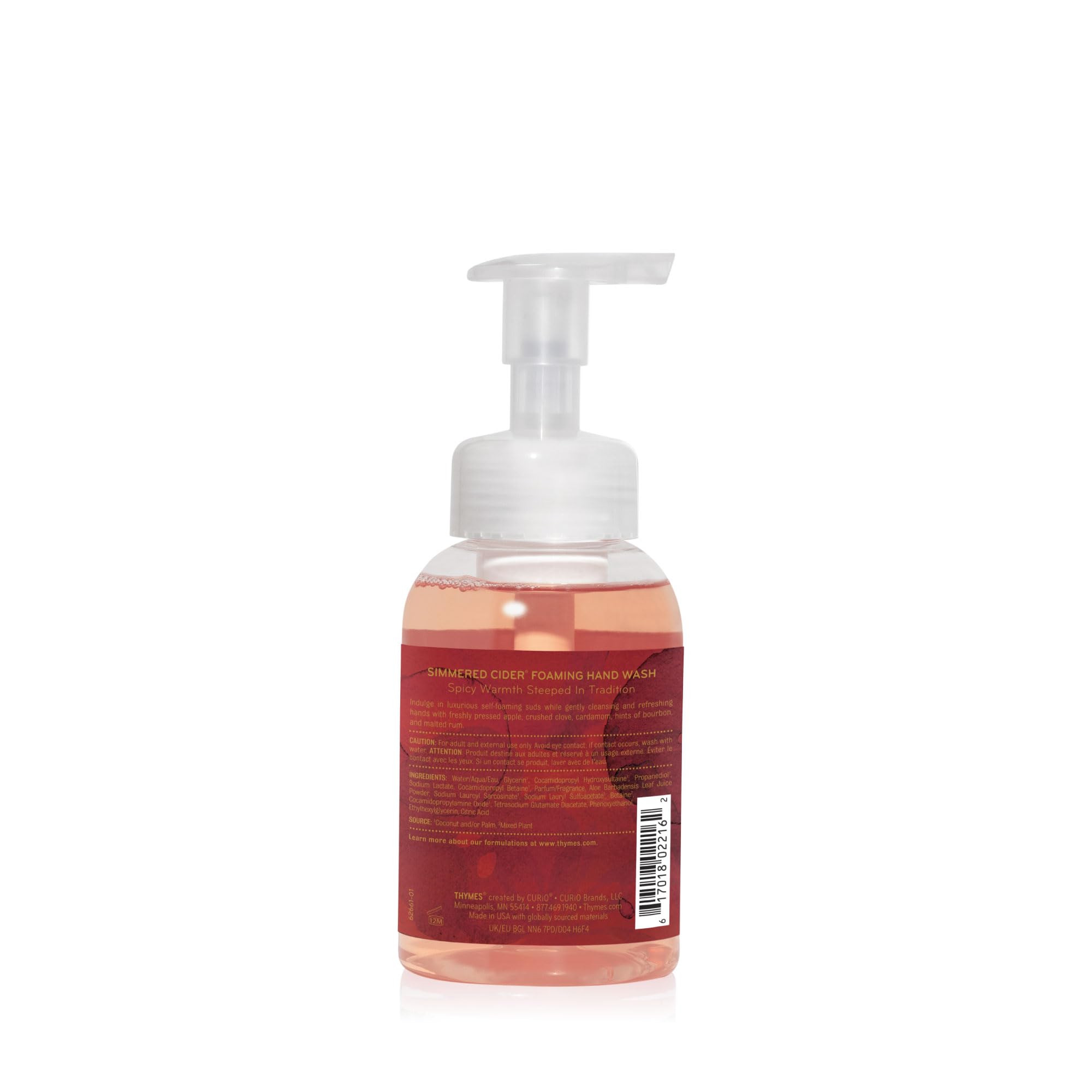 Thymes Simmered Cider ingredient detail with aloe and glycerin callout for hydration