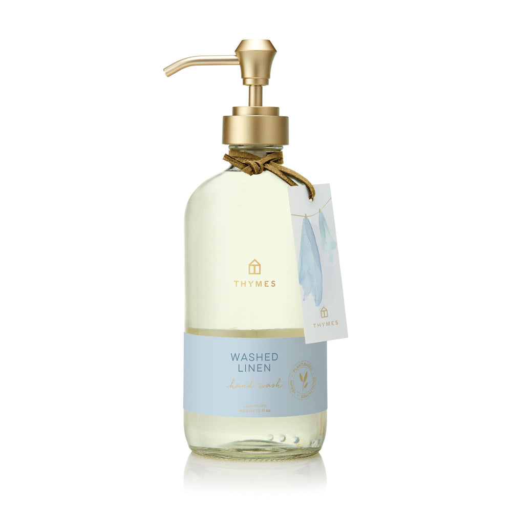 Thymes Washed Linen bottle front view showing label and 15 fl oz size for stylish sink placement