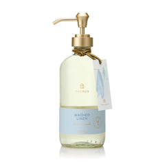 Thymes Washed Linen bottle front view showing label and 15 fl oz size for stylish sink placement
