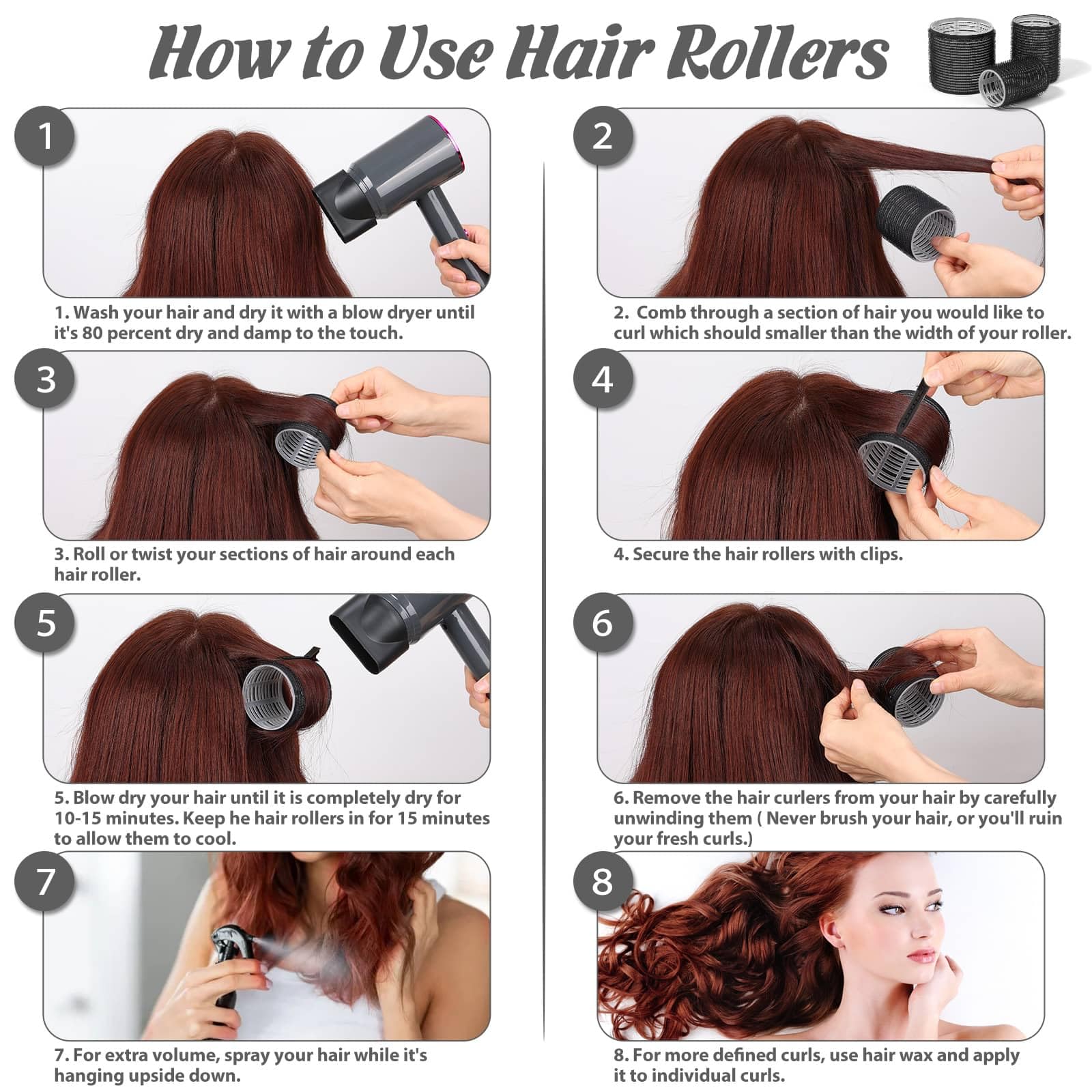 Tidponra four roller sizes arranged to show curl variety and styling options