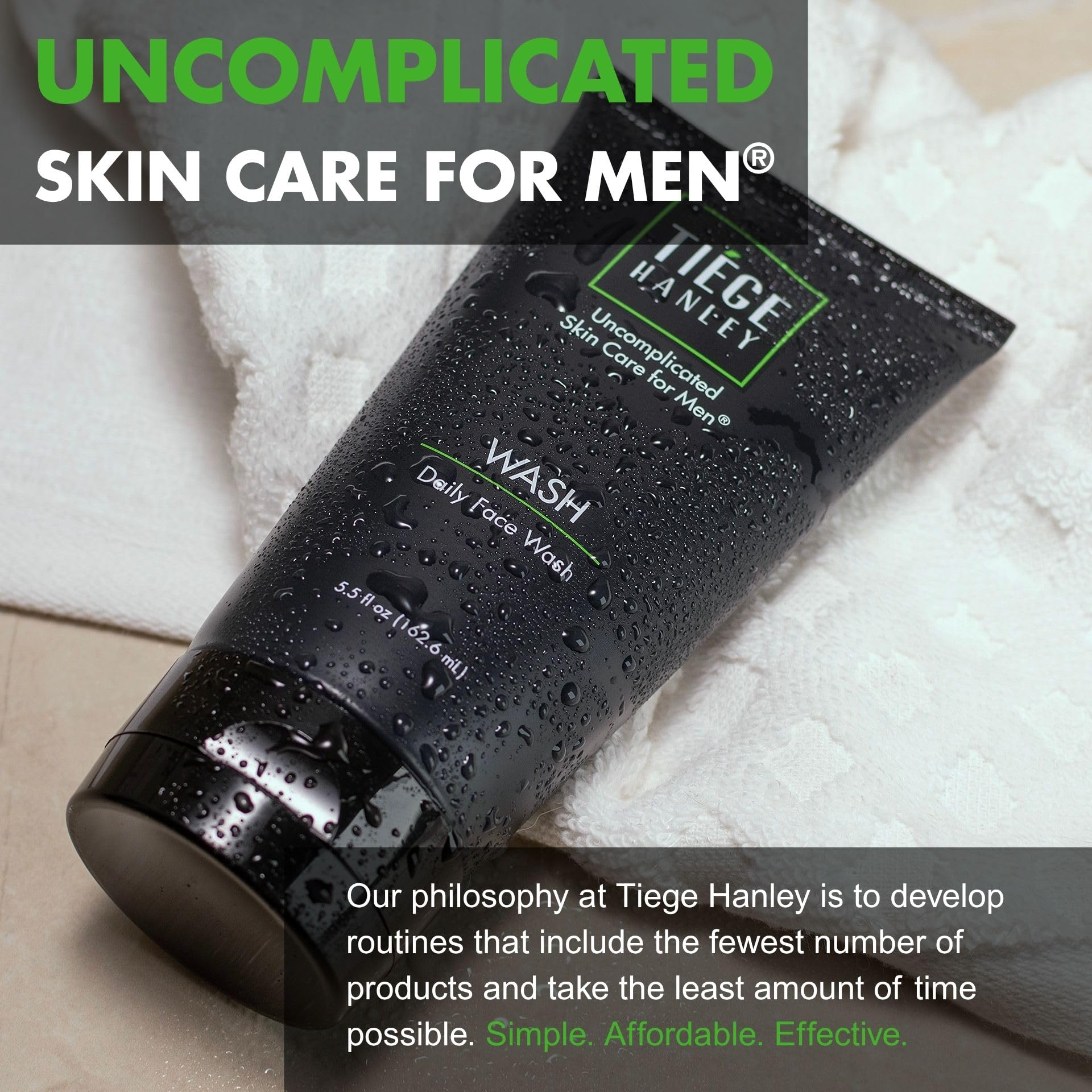 Tiege Hanley ingredients label close-up emphasizing gentle formula