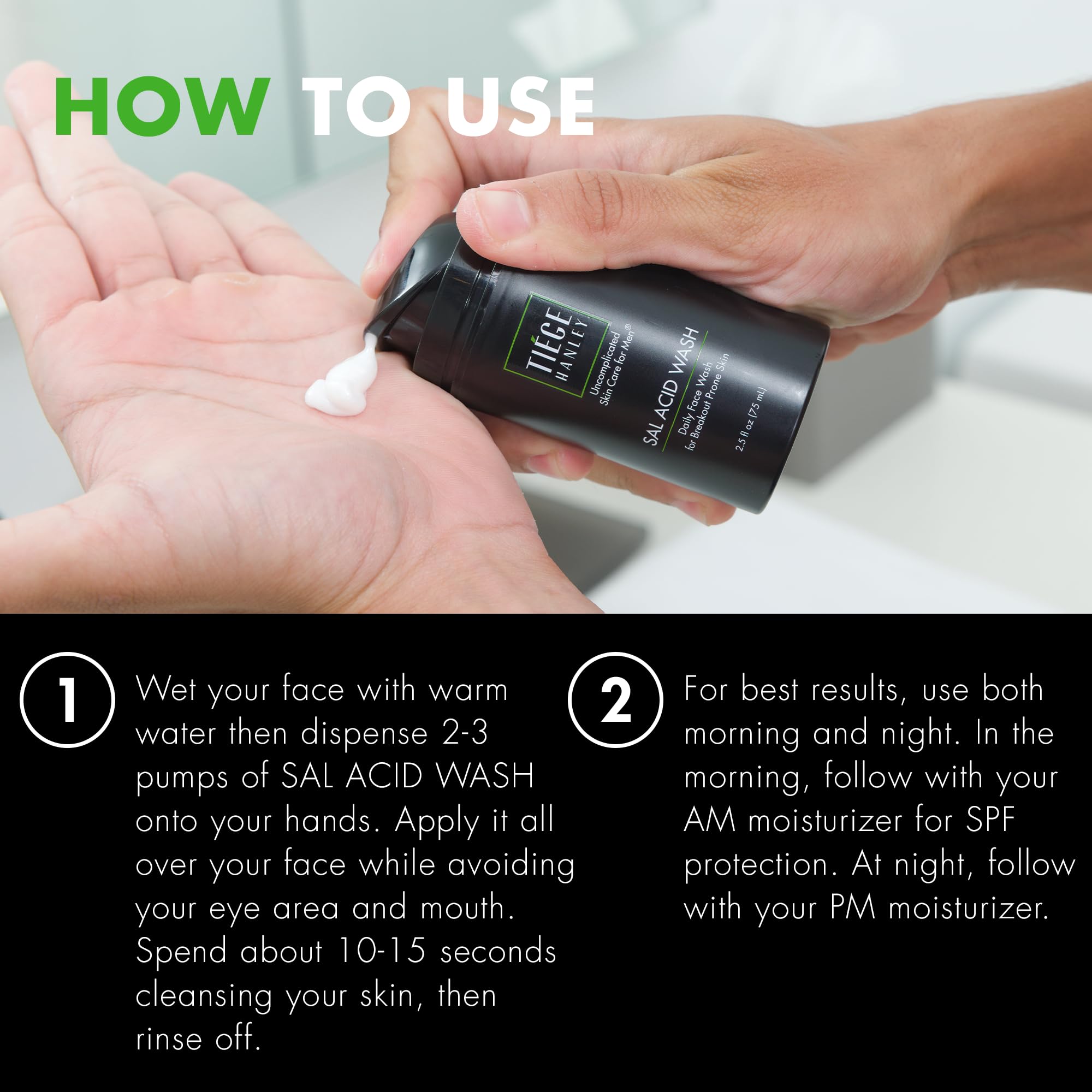 Tiege Hanley bottle on bathroom counter illustrating easy integration into daily routine
