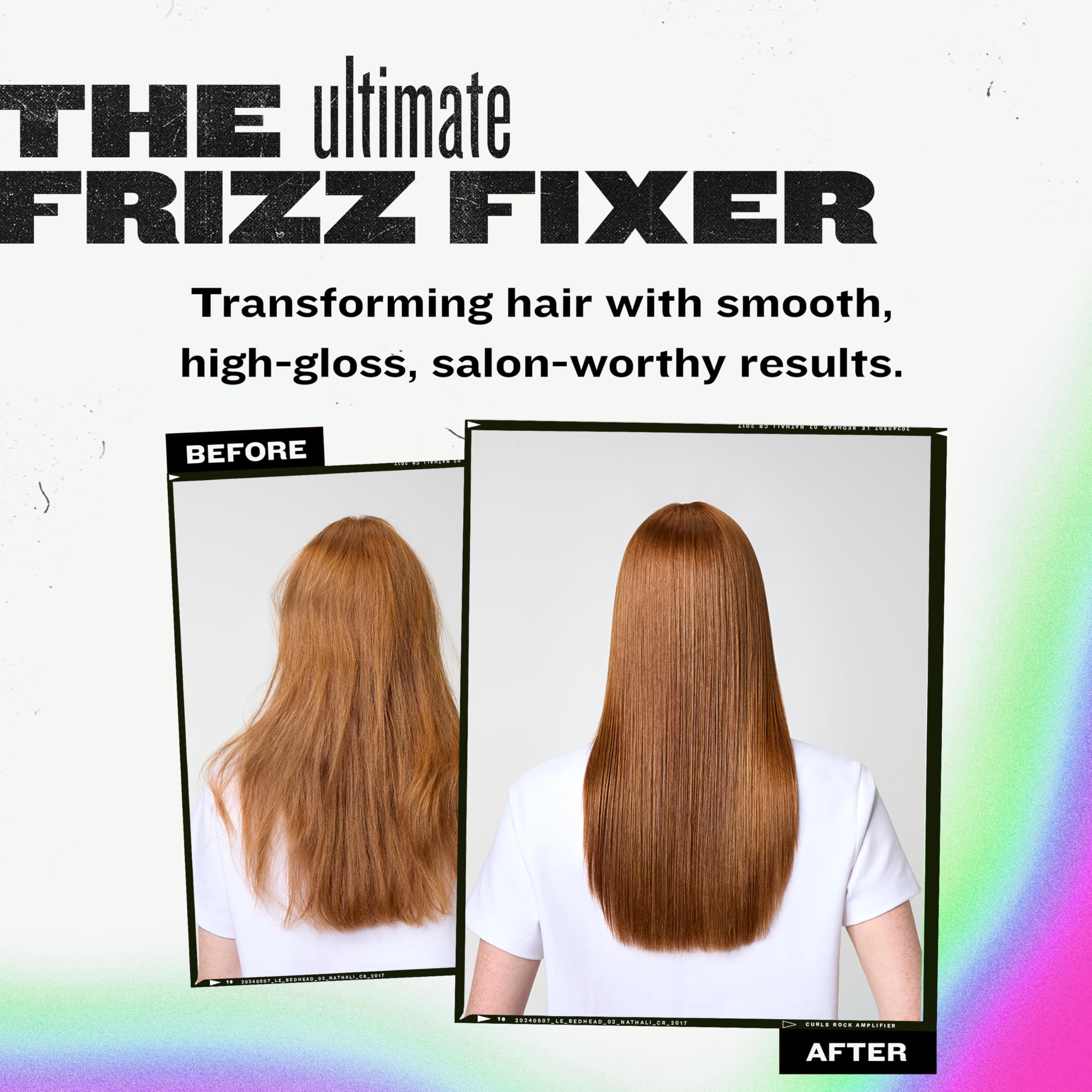 TIGI Bed Head finished blow-dry hair showing smooth shine and frizz control