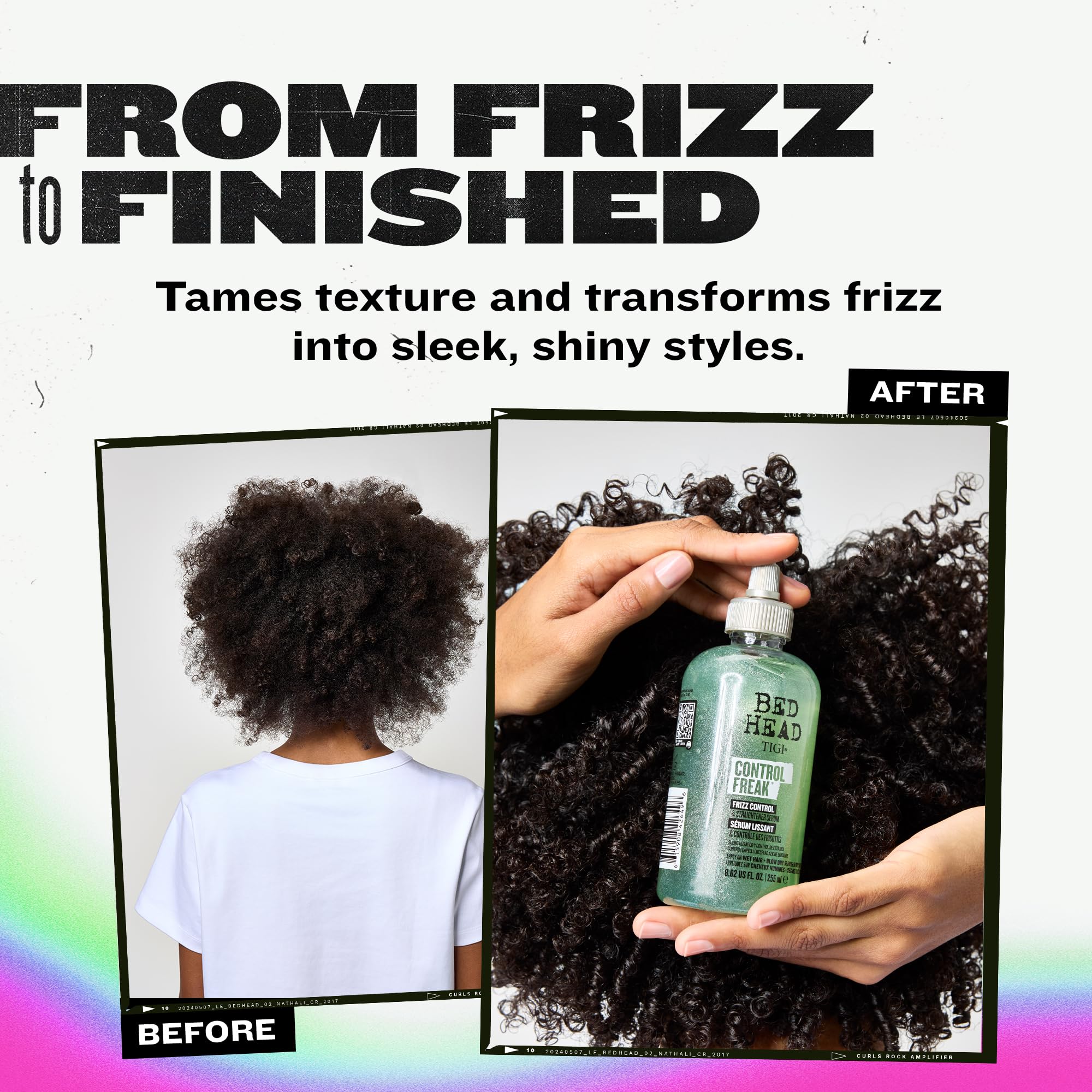 TIGI Bed Head before and after hair showing reduced frizz and shine