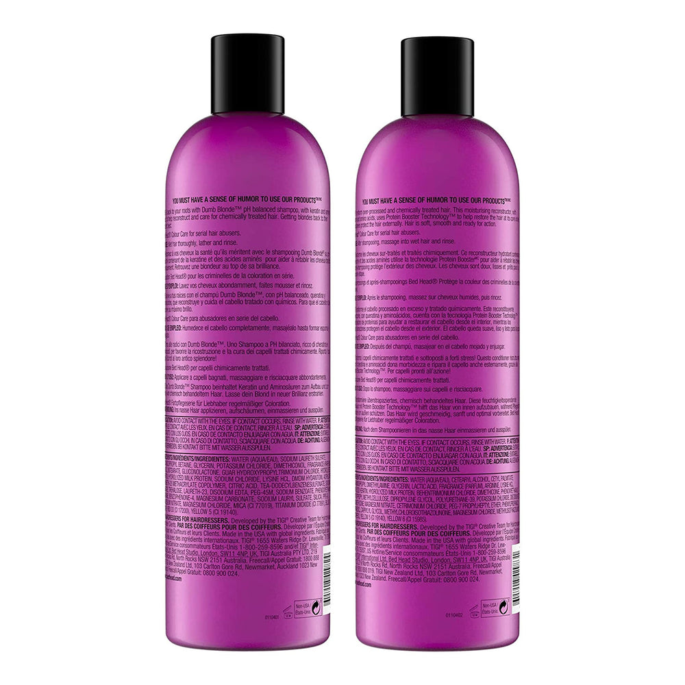 TIGI Bed Head label close-up highlighting product name and restorative benefits for blondes