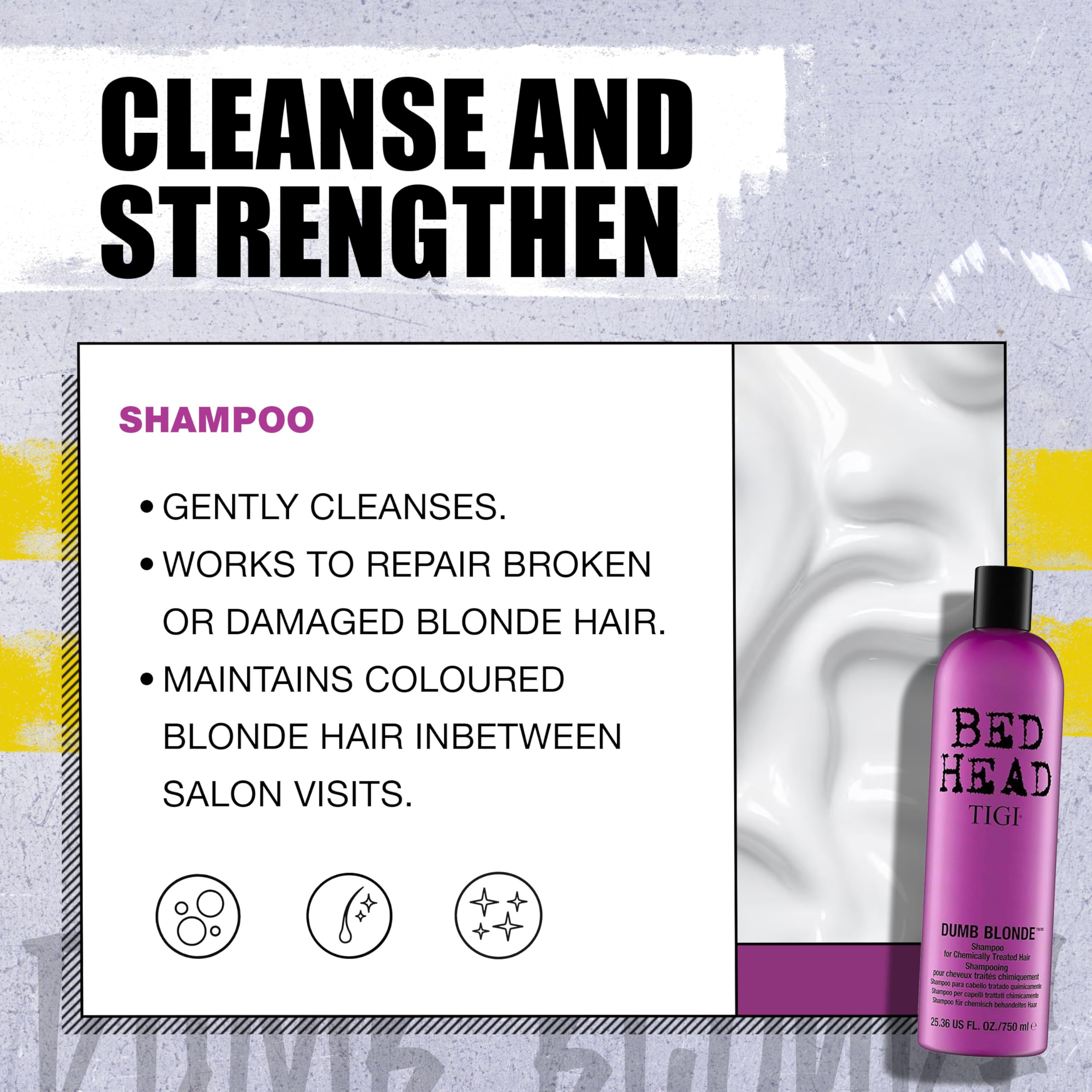 TIGI Bed Head bottles beside a bleach brush conveying professional-strength blonde repair