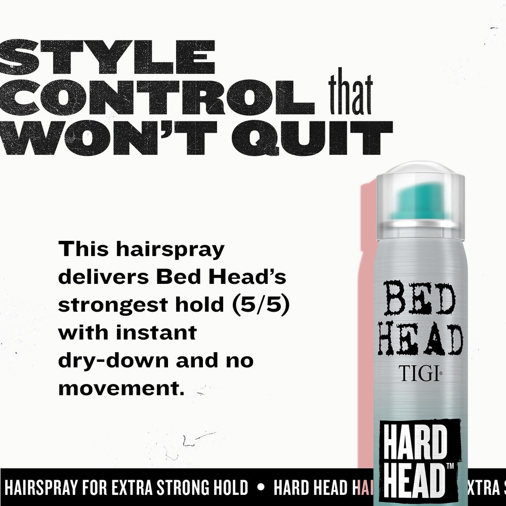 TIGI Bed Head held in hand beside passport showing travel-size convenience benefit
