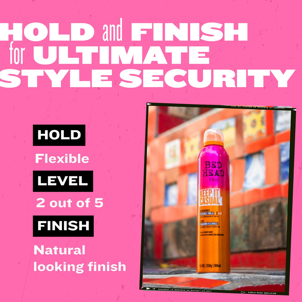 TIGI Bed Head on model with beachy waves showing flexible, frizz-controlled look