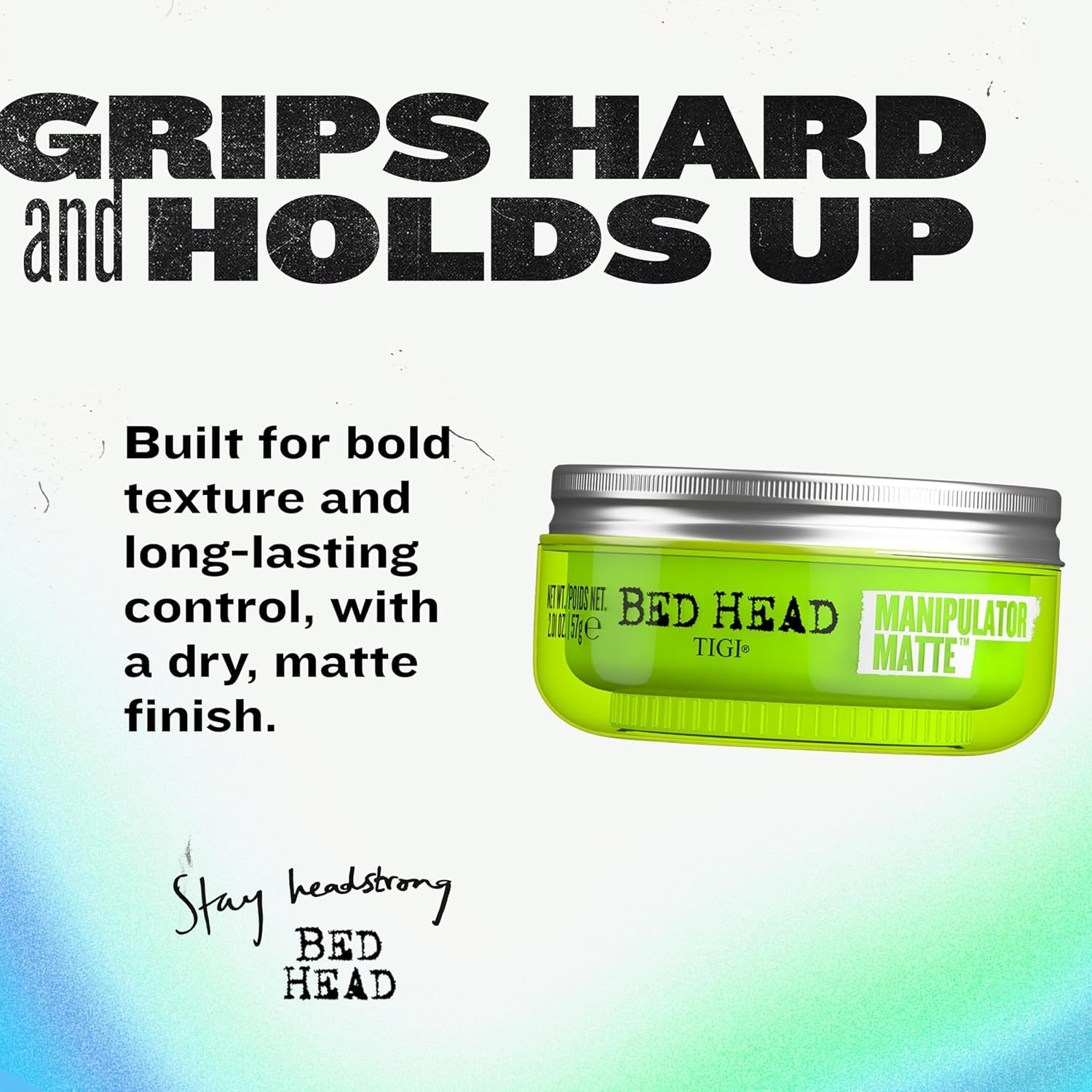 Opened TIGI Bed Head paste texture close-up showing workable matte finish benefit