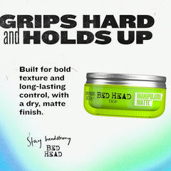 Opened TIGI Bed Head paste texture close-up showing workable matte finish benefit