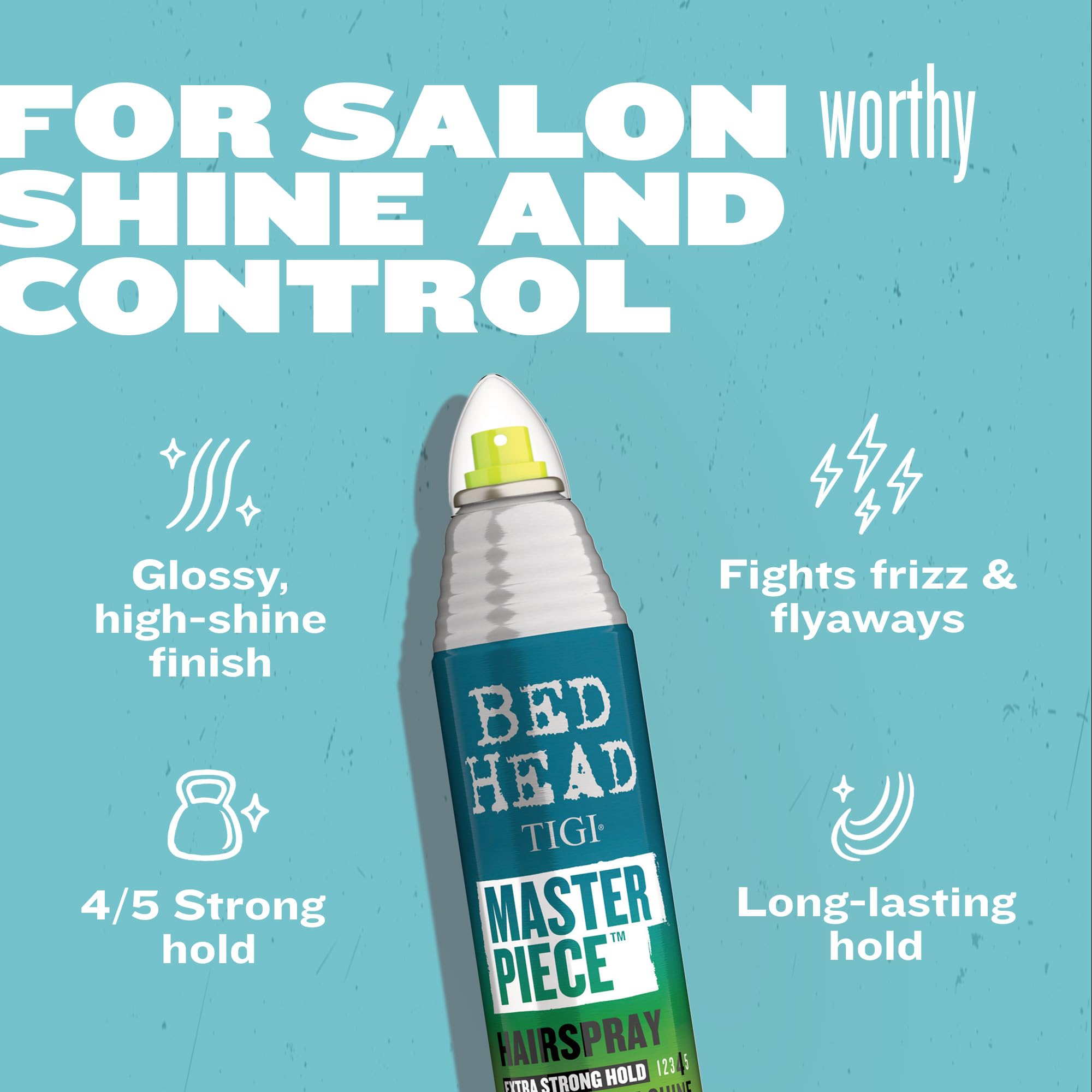 TIGI Bed Head Masterpiece spray texture on styled hair showing glossy finish