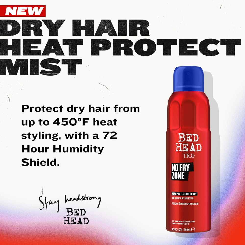 TIGI Bed Head mist being sprayed on dry hair for quick protection