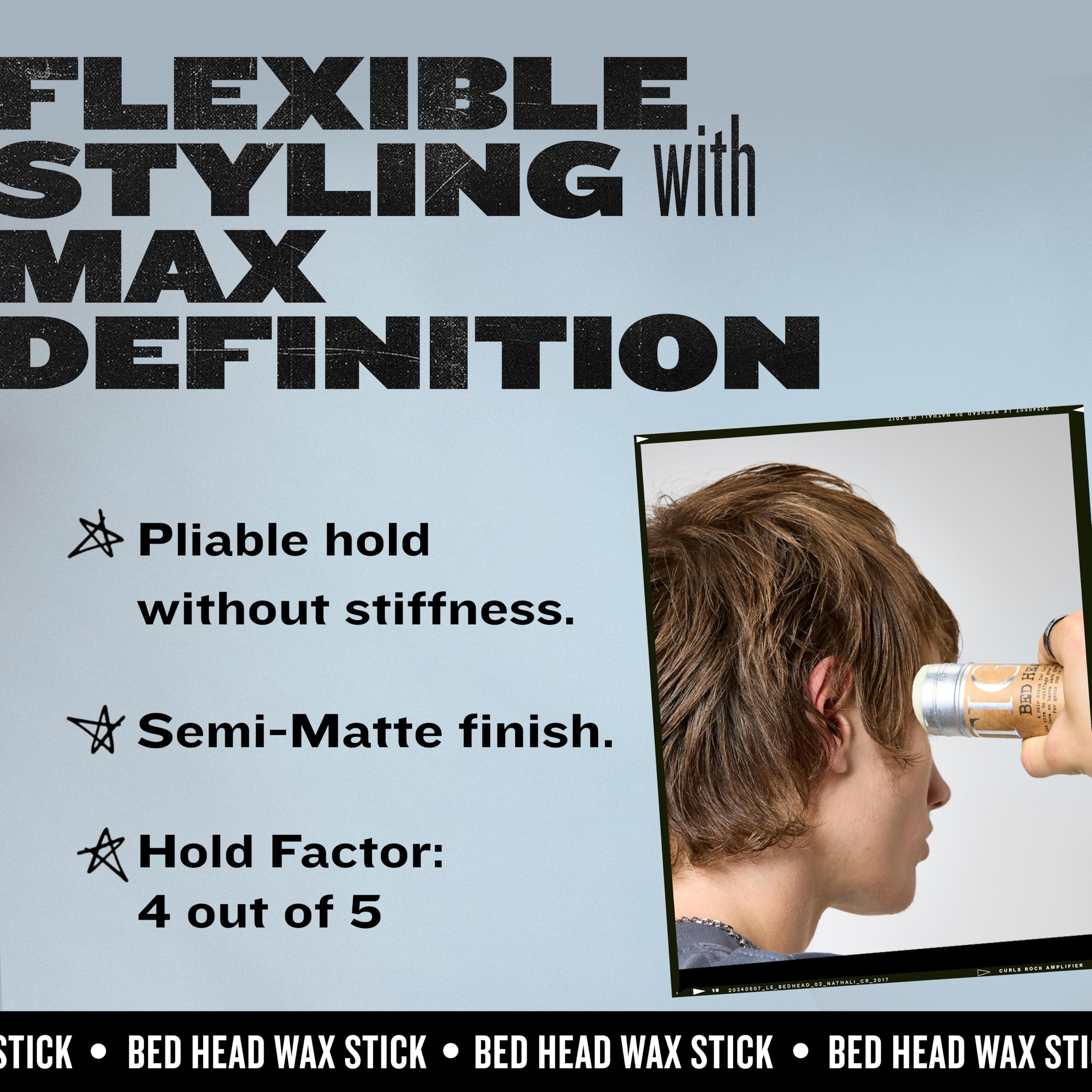 TIGI Bed Head wax stick label view showing ingredient clarity and product benefits