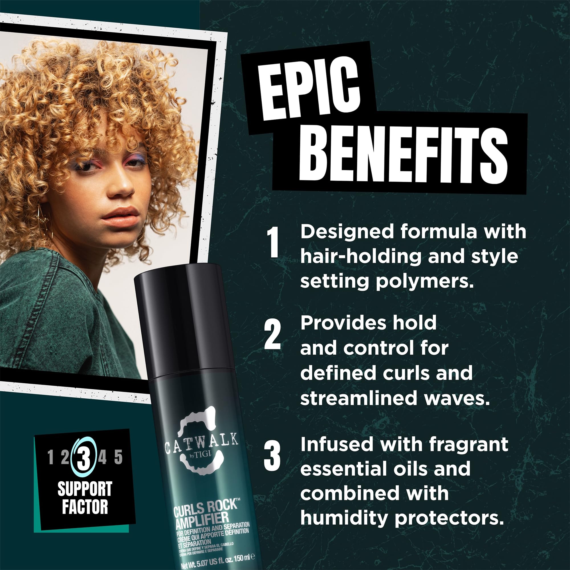 TIGI Catwalk product in hand being applied to damp curls for easier shaping