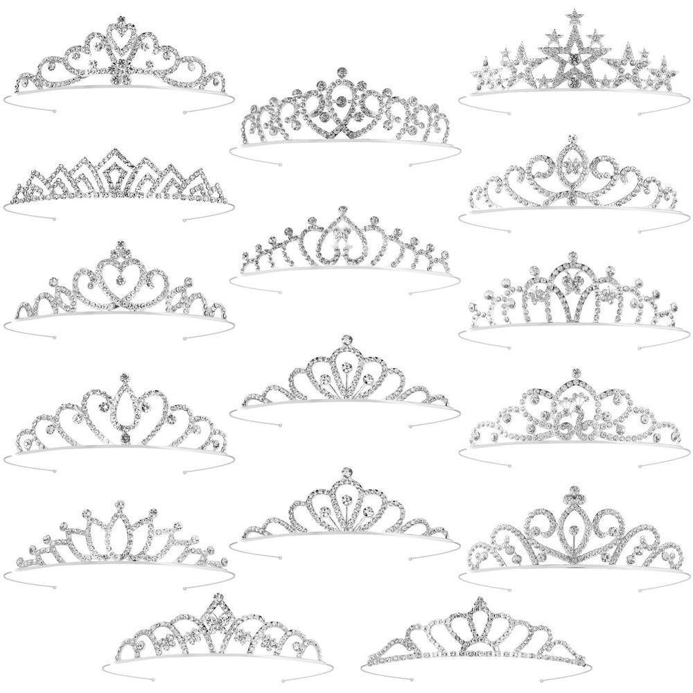 Tihebax front view of multiple silver tiaras showing set variety and instant event styling benefit