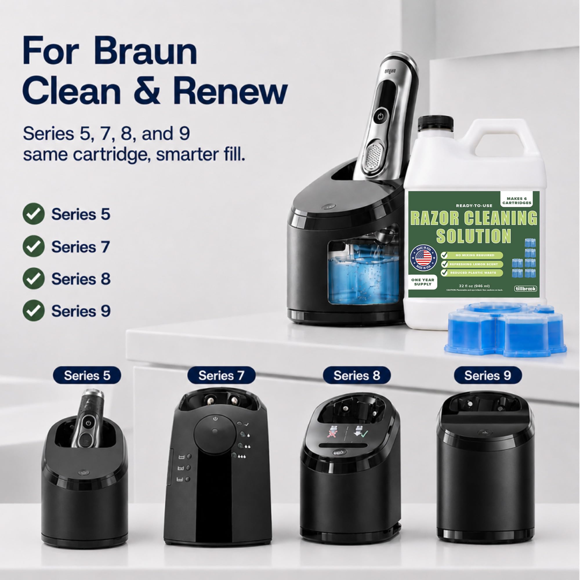 Tillbrook bottle beside a Clean & Renew base showing compatibility and practical setup
