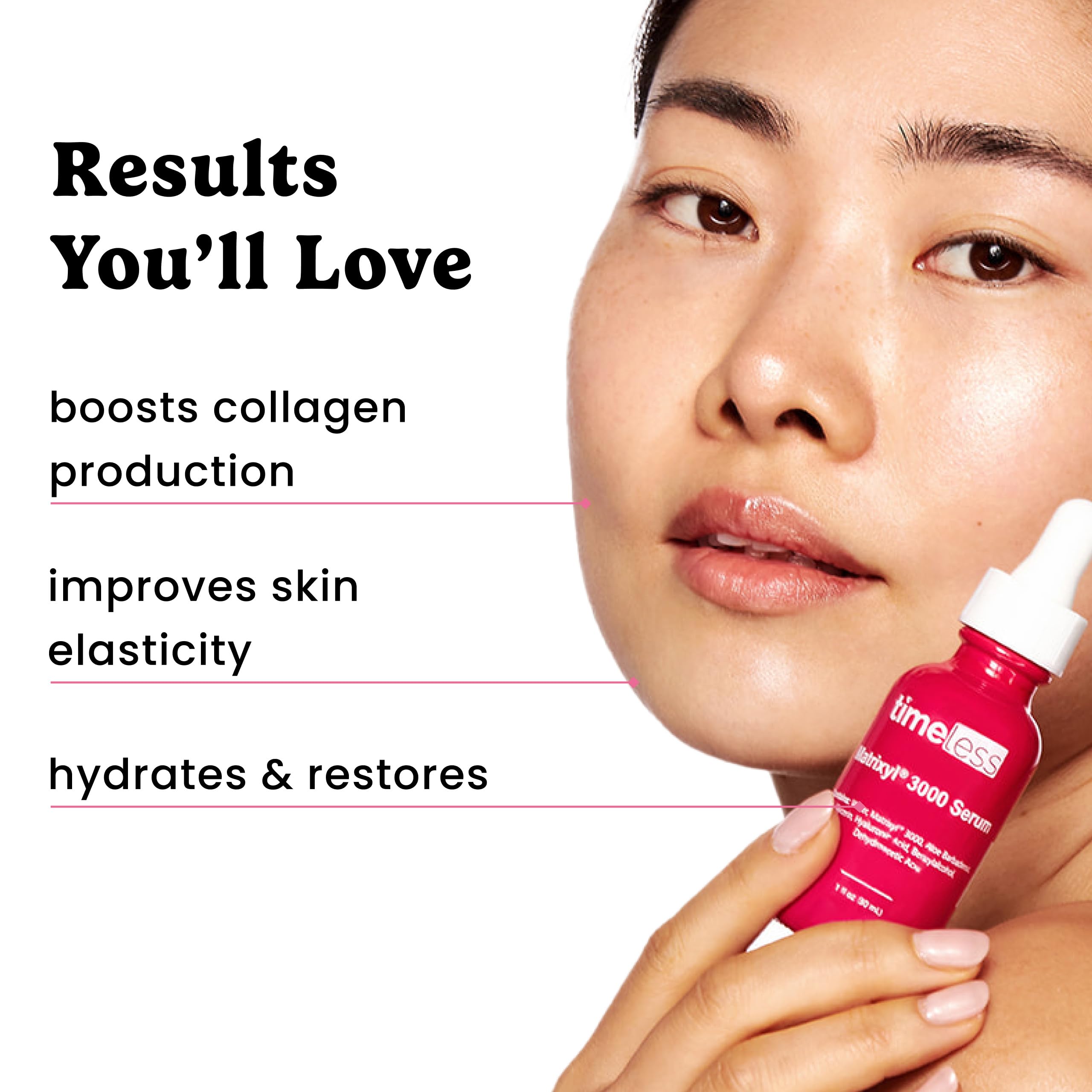 Timeless Skin Care serum on bathroom counter paired with routine items benefit