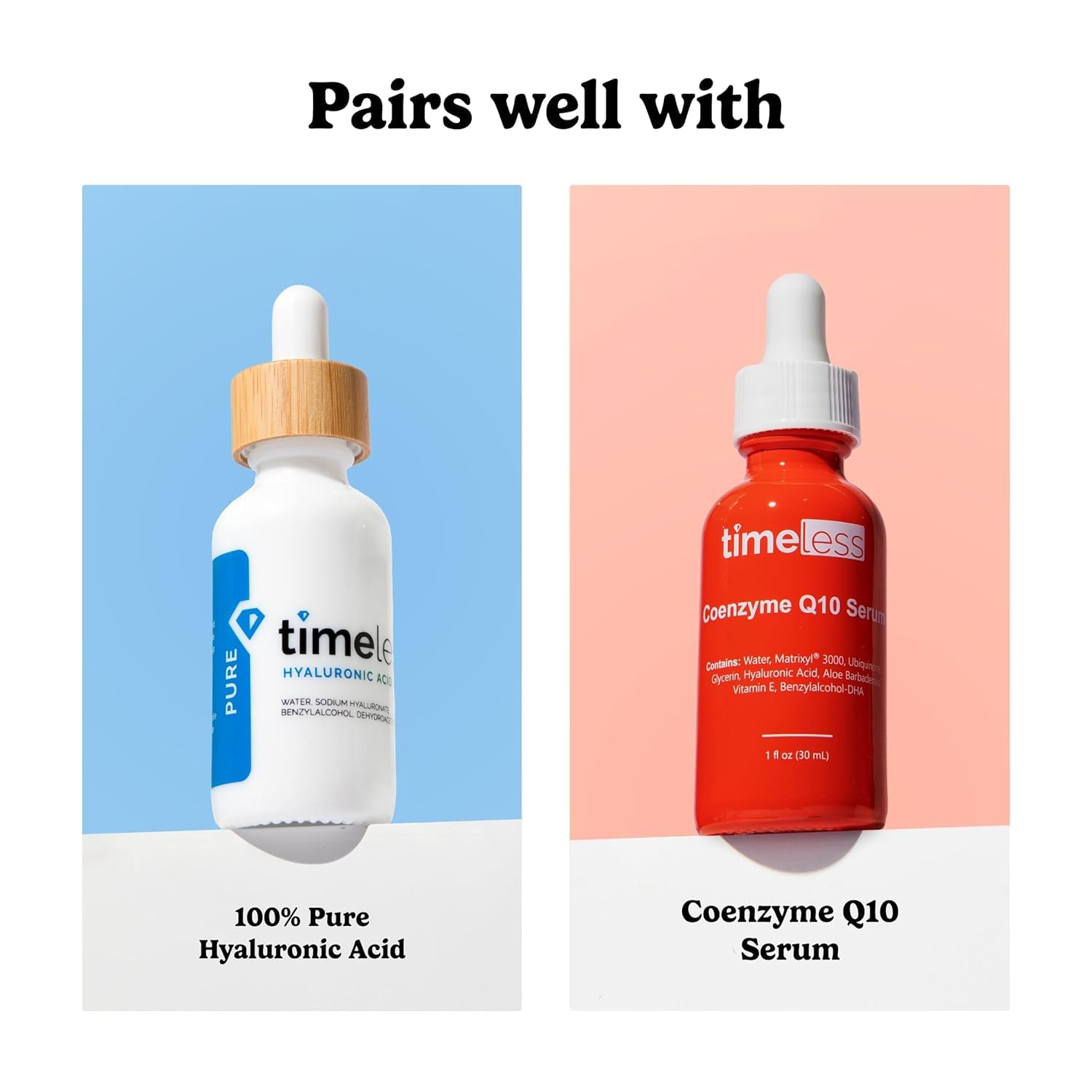 Timeless packaging next to before-and-after cards, illustrating potential radiance