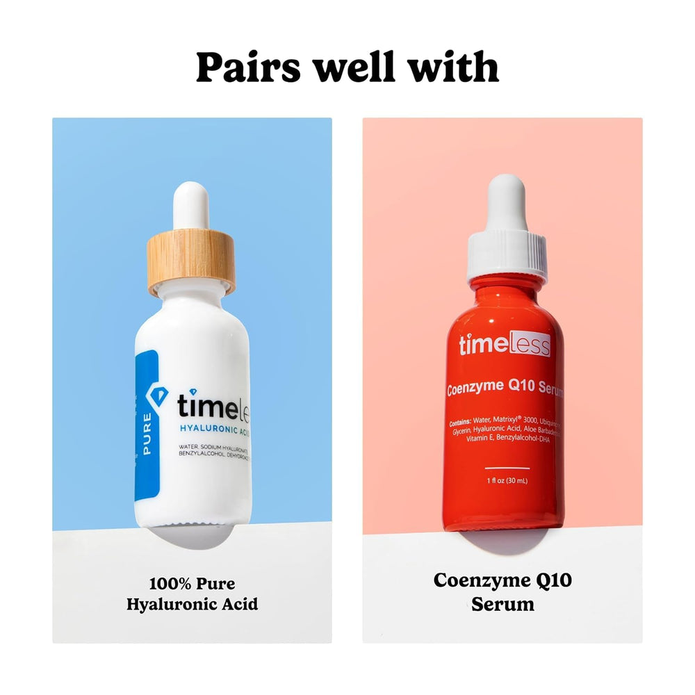 Timeless packaging next to before-and-after cards, illustrating potential radiance