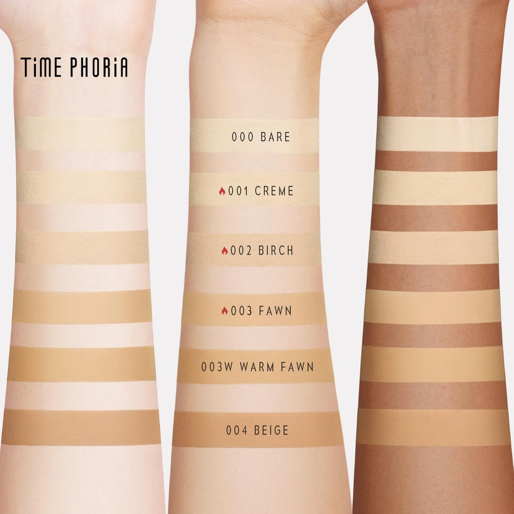 TIMEPHORIA powder applied with brush showing even finish and natural matte benefit