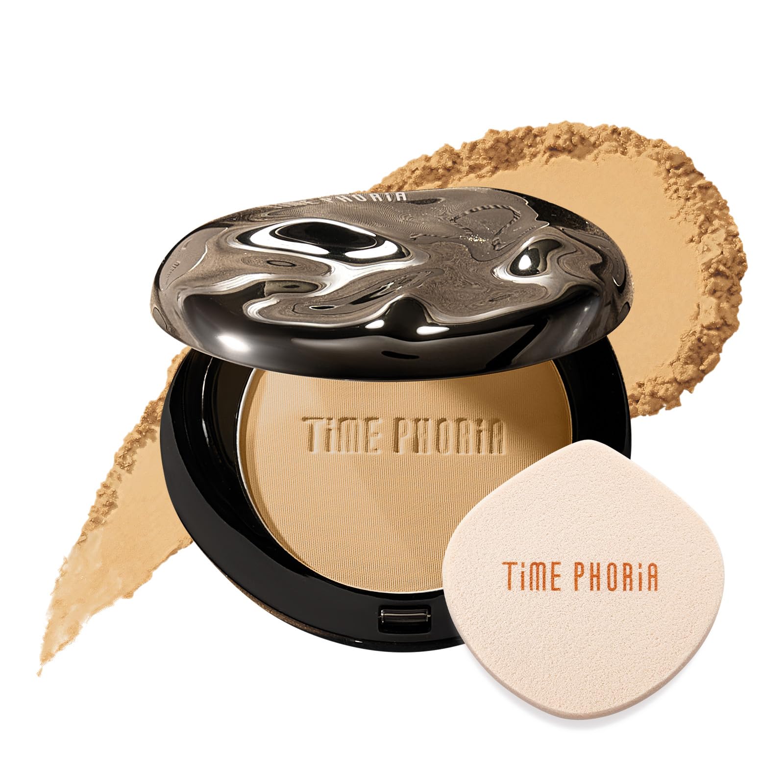 TIMEPHORIA compact front showing warm fawn shade and sleek packaging benefit: portable makeup solution