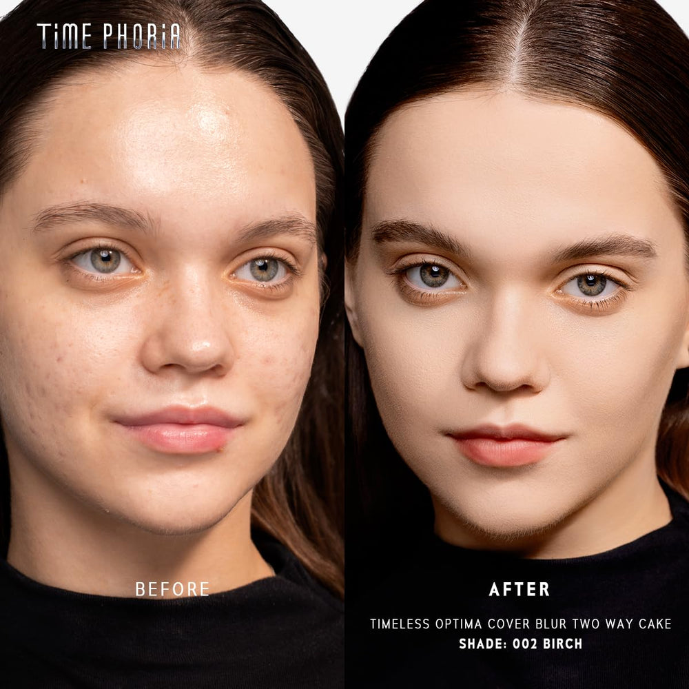 TIMEPHORIA double-sided puff close-up highlighting buildable coverage options