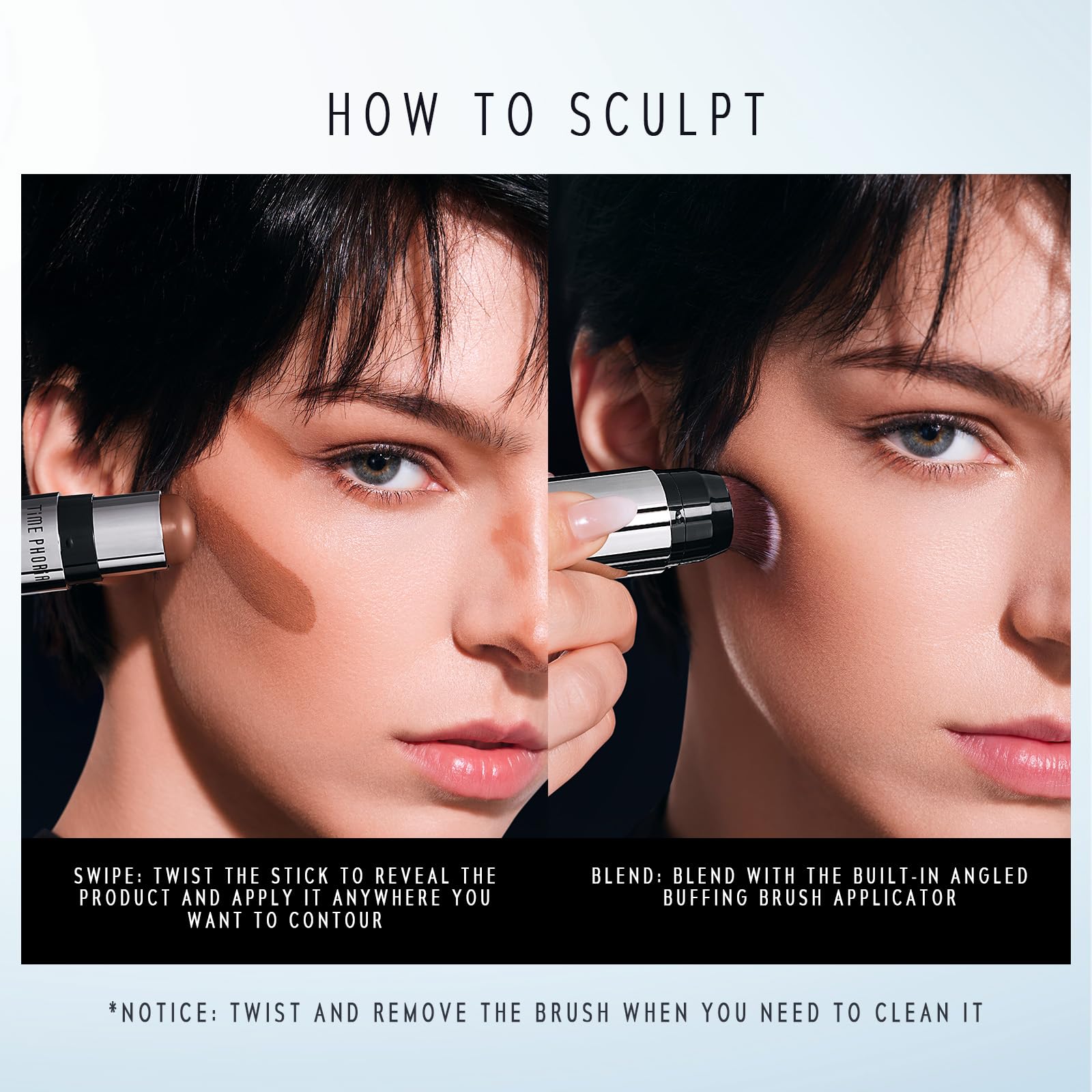 TIMEPHORIA model applying stick under cheekbone demonstrating natural sculpting