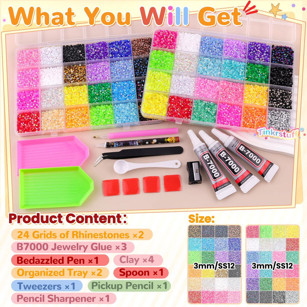 TINKRSTUFF color swatch array of 48 vibrant rhinestone shades