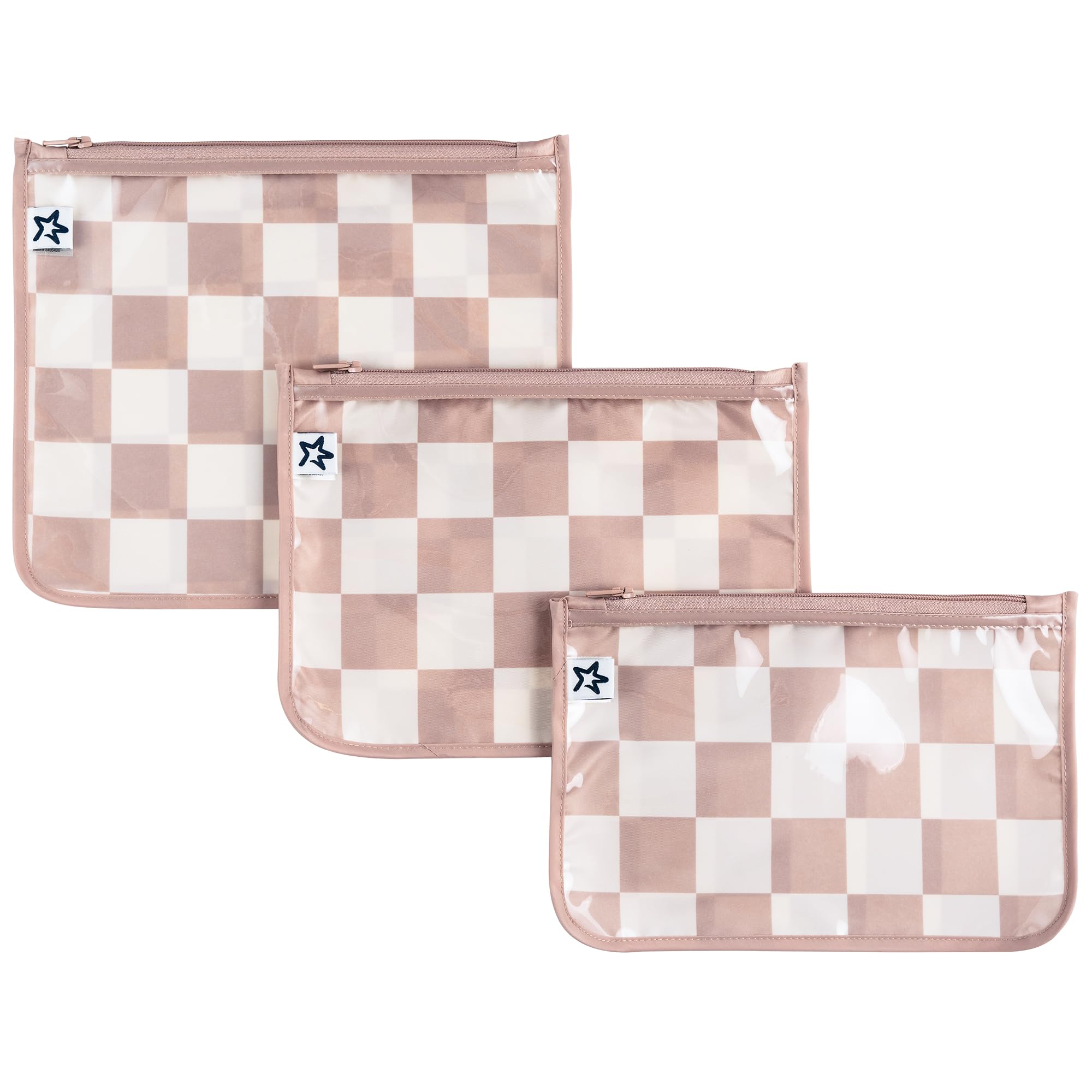 Tiny Twinkle beige checkers front view showing neat organized pouches and easy visibility