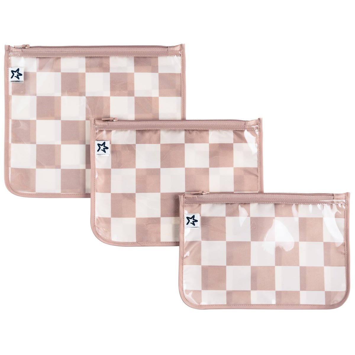 Tiny Twinkle beige checkers front view showing neat organized pouches and easy visibility
