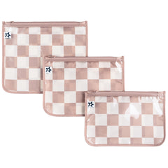 Tiny Twinkle beige checkers front view showing neat organized pouches and easy visibility
