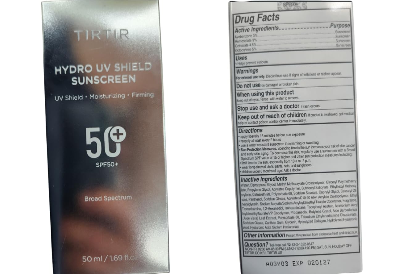 TIRTIR back label details showing SPF 50+ information and ingredient list