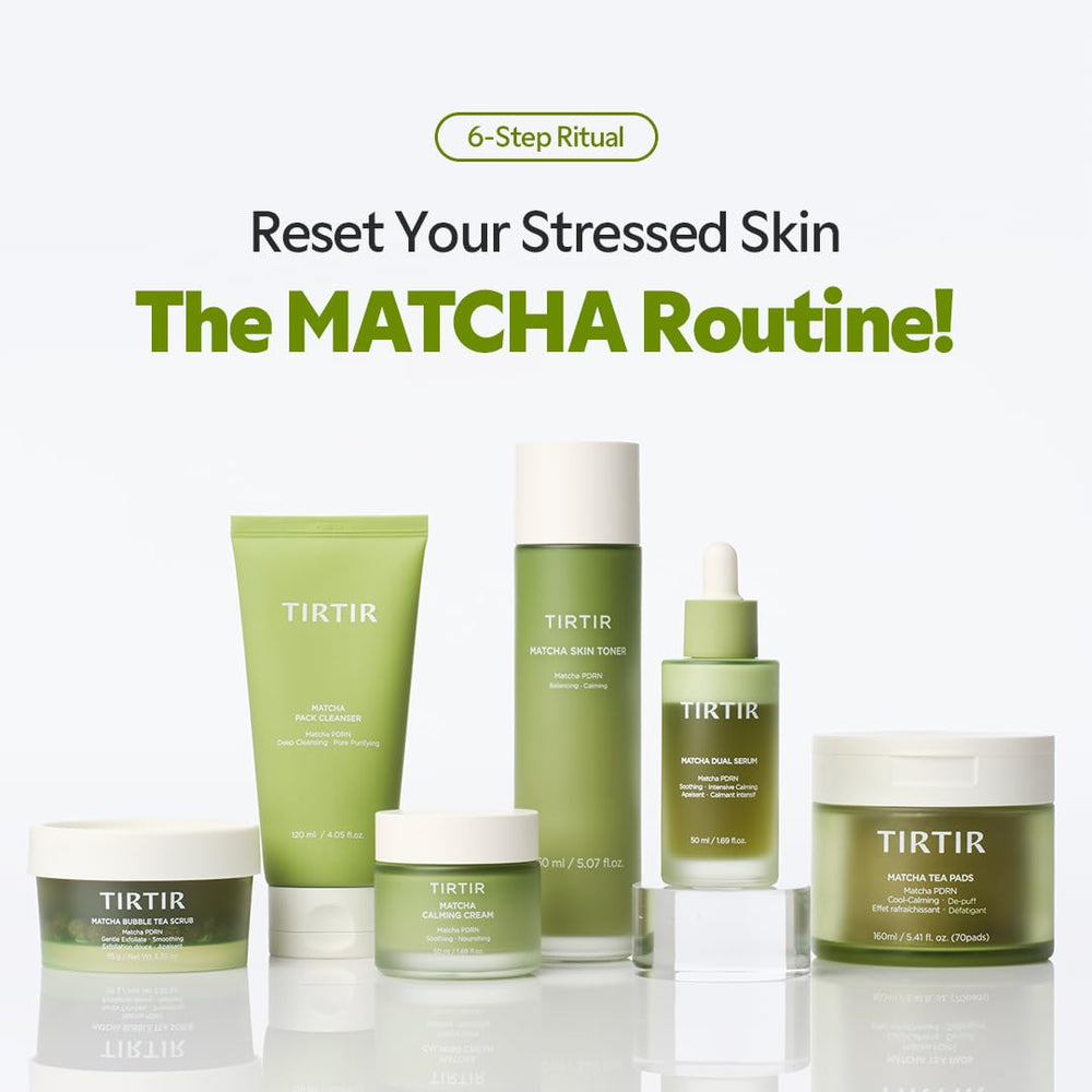 TIRTIR matcha toner on bathroom shelf illustrating daily skincare routine