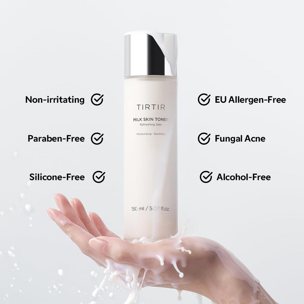 TIRTIR milk skin rice toner poured on palm demonstrating milky hydration and easy absorption