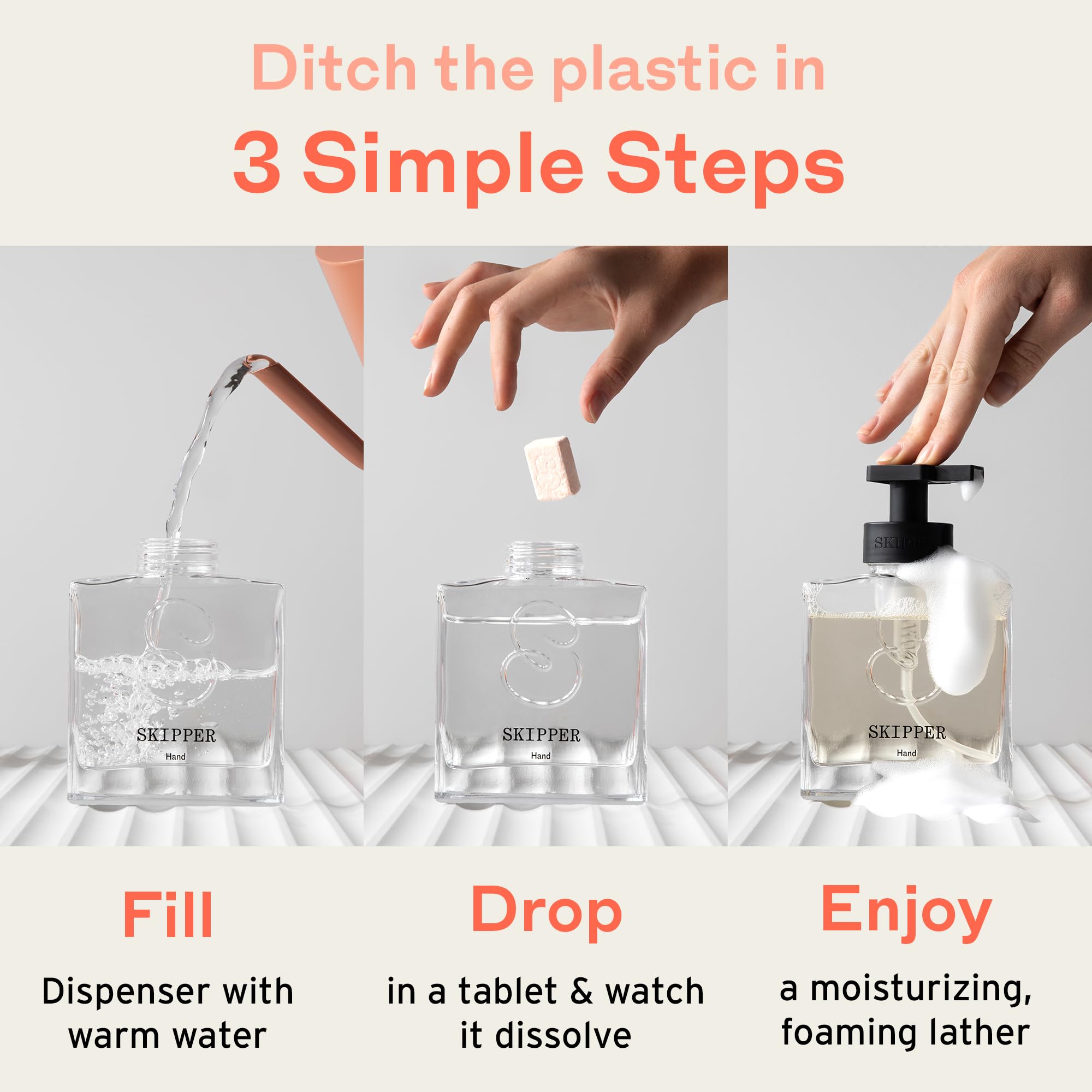 Tirtyl Skipper compostable tablet packaging overhead view highlighting low-waste benefit