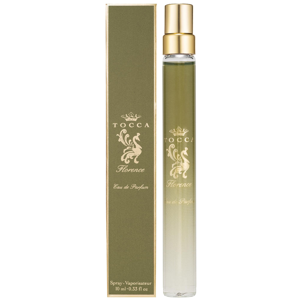 Tocca Florence travel spray front view showing elegant bottle and label benefit: refined gifting