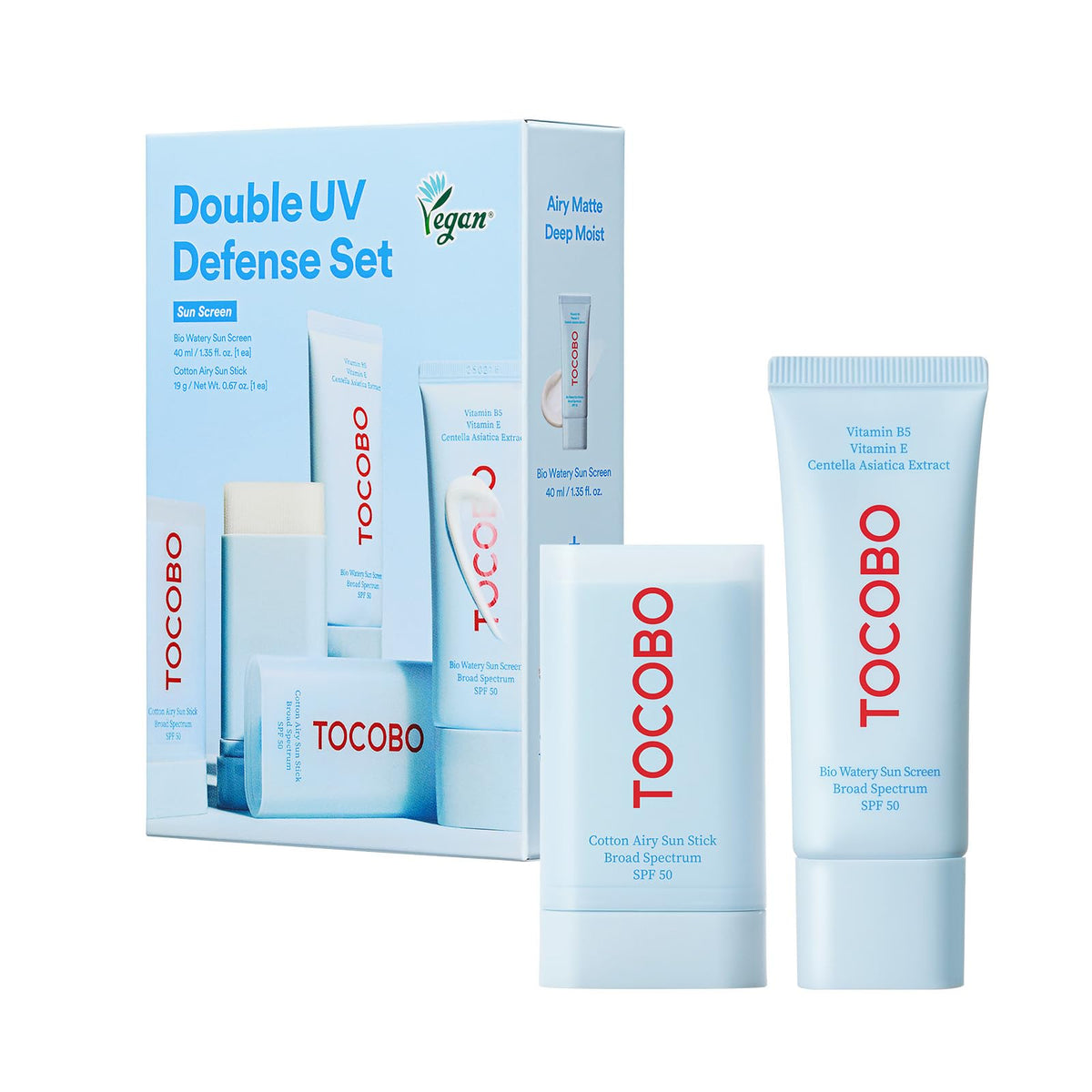 TOCOBO Dual UV Set front packaging showing both sunstick and suncream benefits