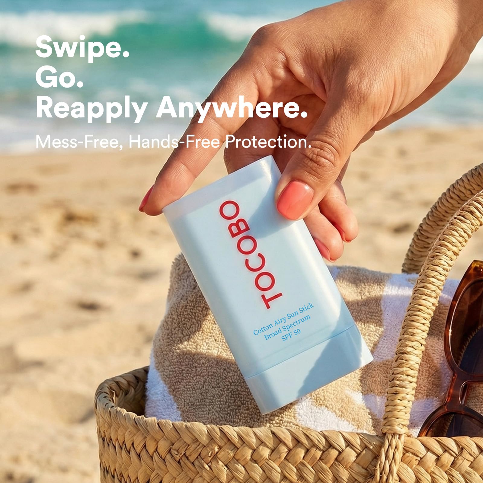 TOCOBO on bathroom vanity suggesting daily routine ease and reapplication